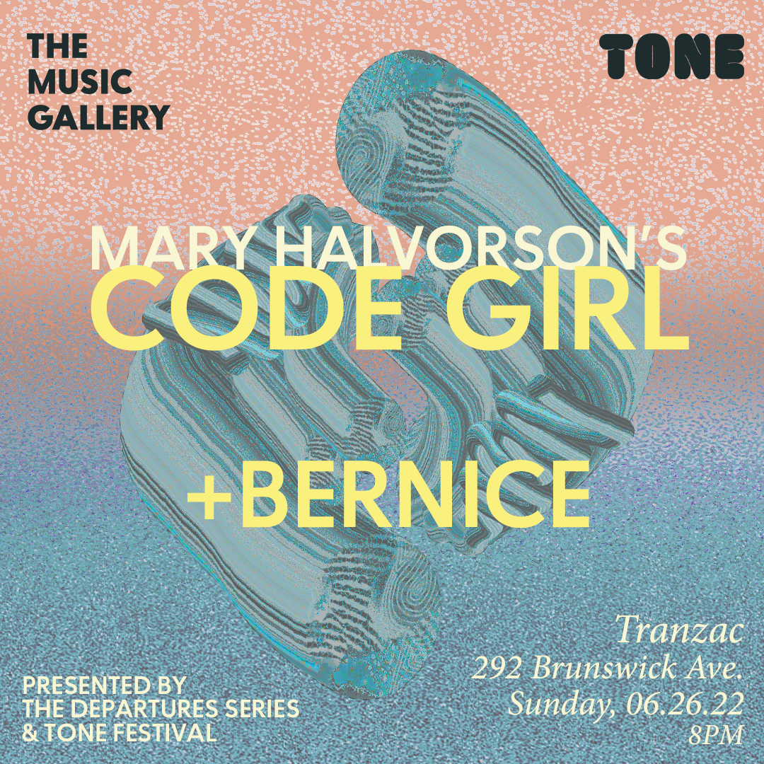 A graphic promoting Mary Halvorson's Code Girl, with Bernice. Washes of pink and blue with yellow text.
