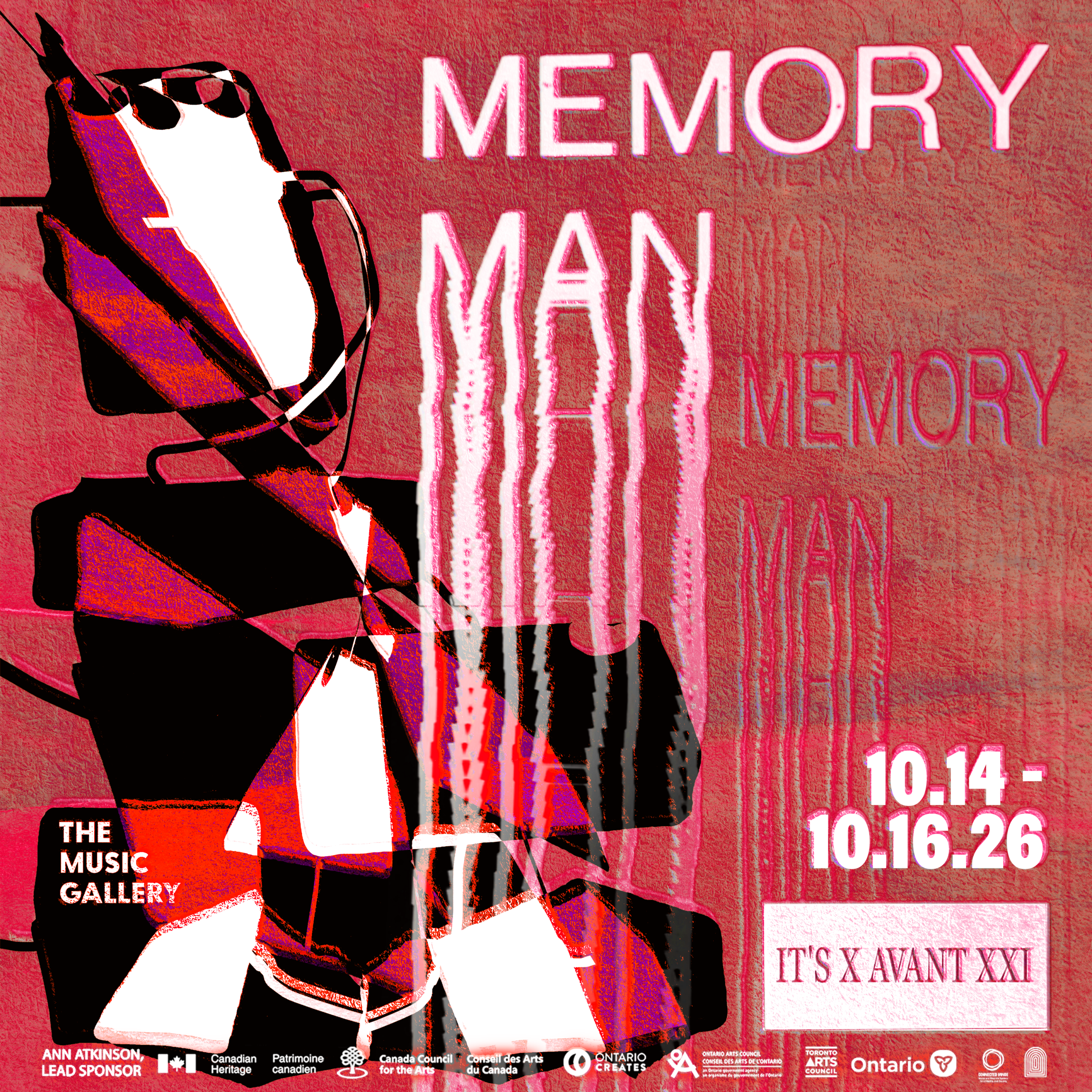 Abstract white, red, and black shapes in the form of guitar pedals, and white cascading text, on a textured red background