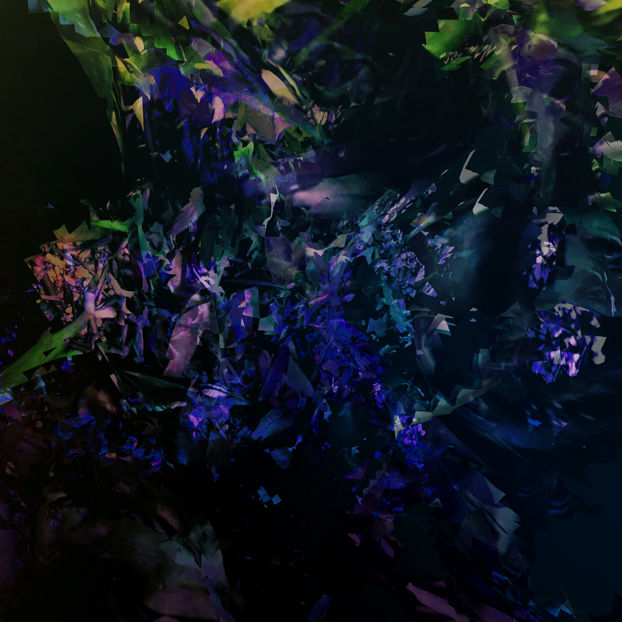 Abstract crystalline graphics with blues, purples and various warm shades.